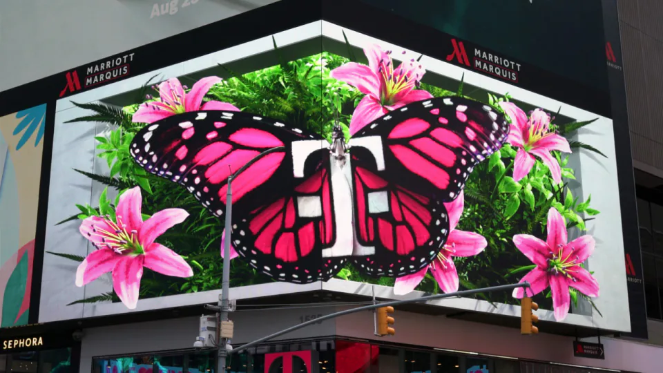 T-Mobile Bloom Times Square anamorphic garden butterfly animation
